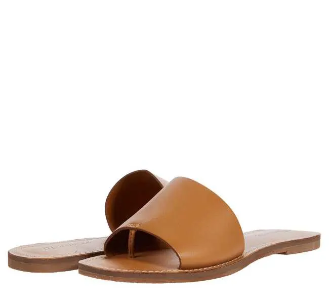 Brown leather open toe slide sandals on white background.