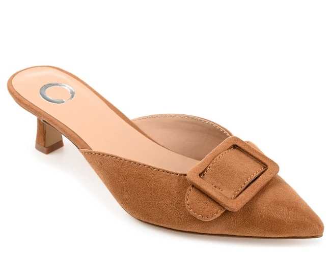 Tan faux leather pointed toe front buckle detail pump on white background.