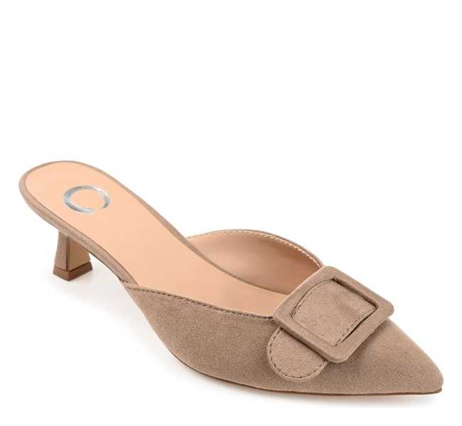 Taupe faux leather pointed toe front buckle detail pump on white background.