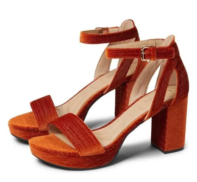 Orange open toe adjustable ankle strap block heels on white background.