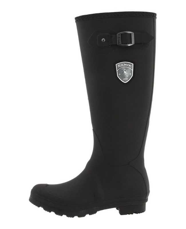 Tall black round toe rain boot on white background.