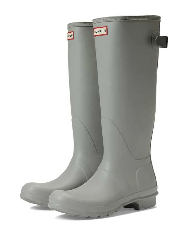 Tall gray round toe rain boots on white background.