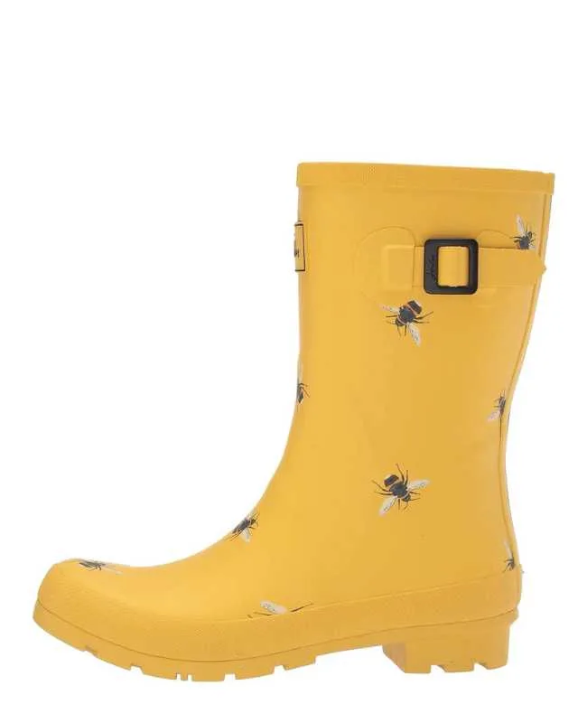 Yellow round toe bee pattern rain boot on white background.