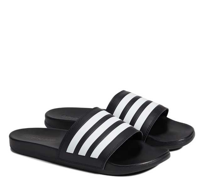 Black with three white stripes on strap slides on white background.