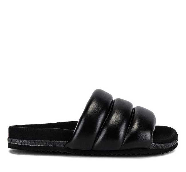 Black puffy faux leather slide on white background.