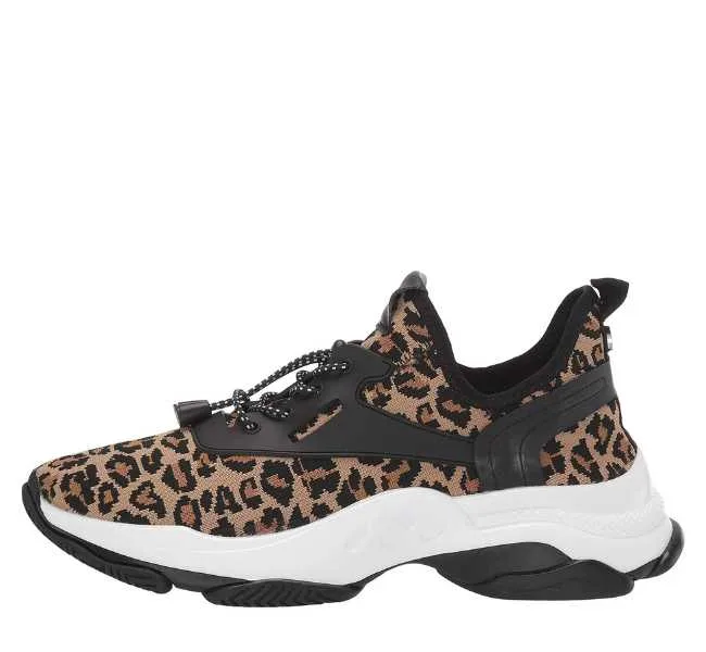 Brown cheetah print pattern lace up sneaker on white background.
