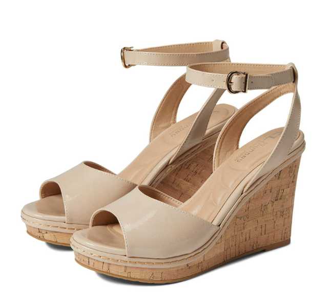 Khaki leather open toe with ankle buckle strap wedge heels on white background.