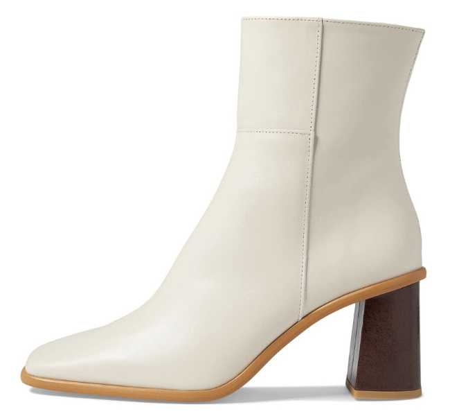 White square toe brown wooden sole ankle boot on white background.