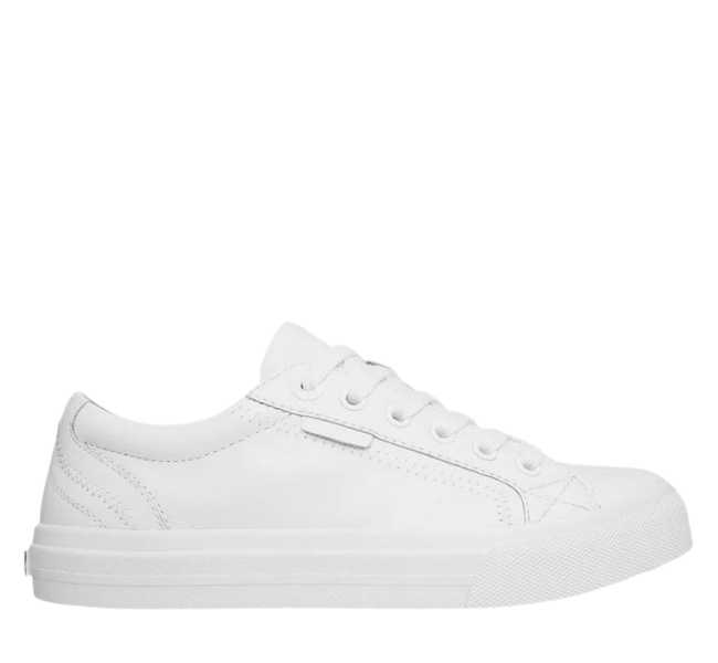White leather lace up sneaker on white background.