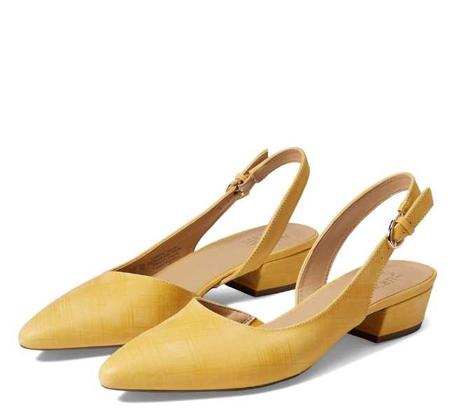 Yellow leather pointed toe slingback strap adjustable buckle closure modest wrapped heel on white background.