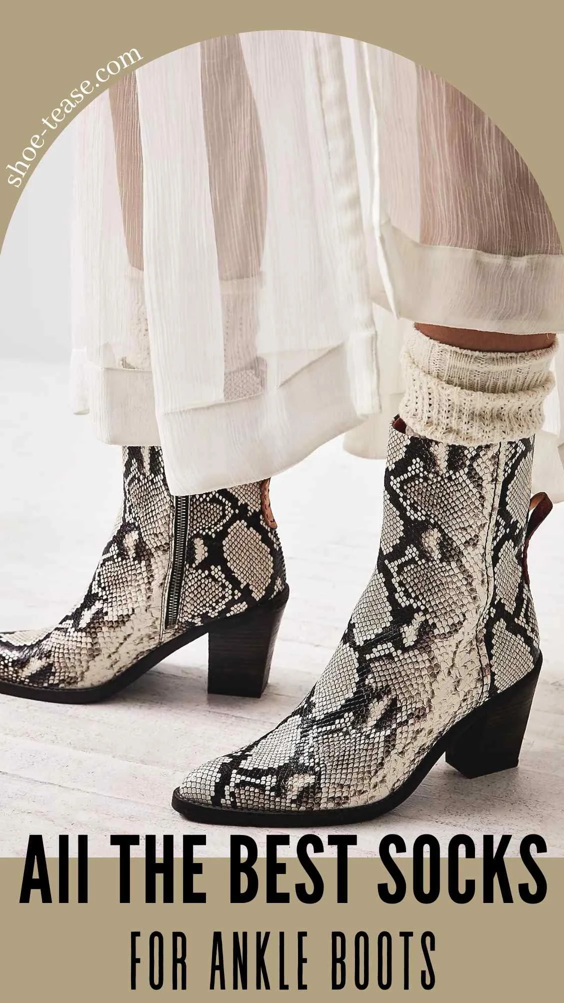 Close up of woman wearing knit socks with ankle boots with snake print over text reading all the best socks for ankle boots.