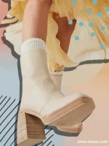Collage of close up of woman wearing white socks with ankle boots and a yellow skirt.