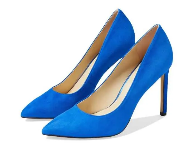 Blue pointed toe heels on white background.