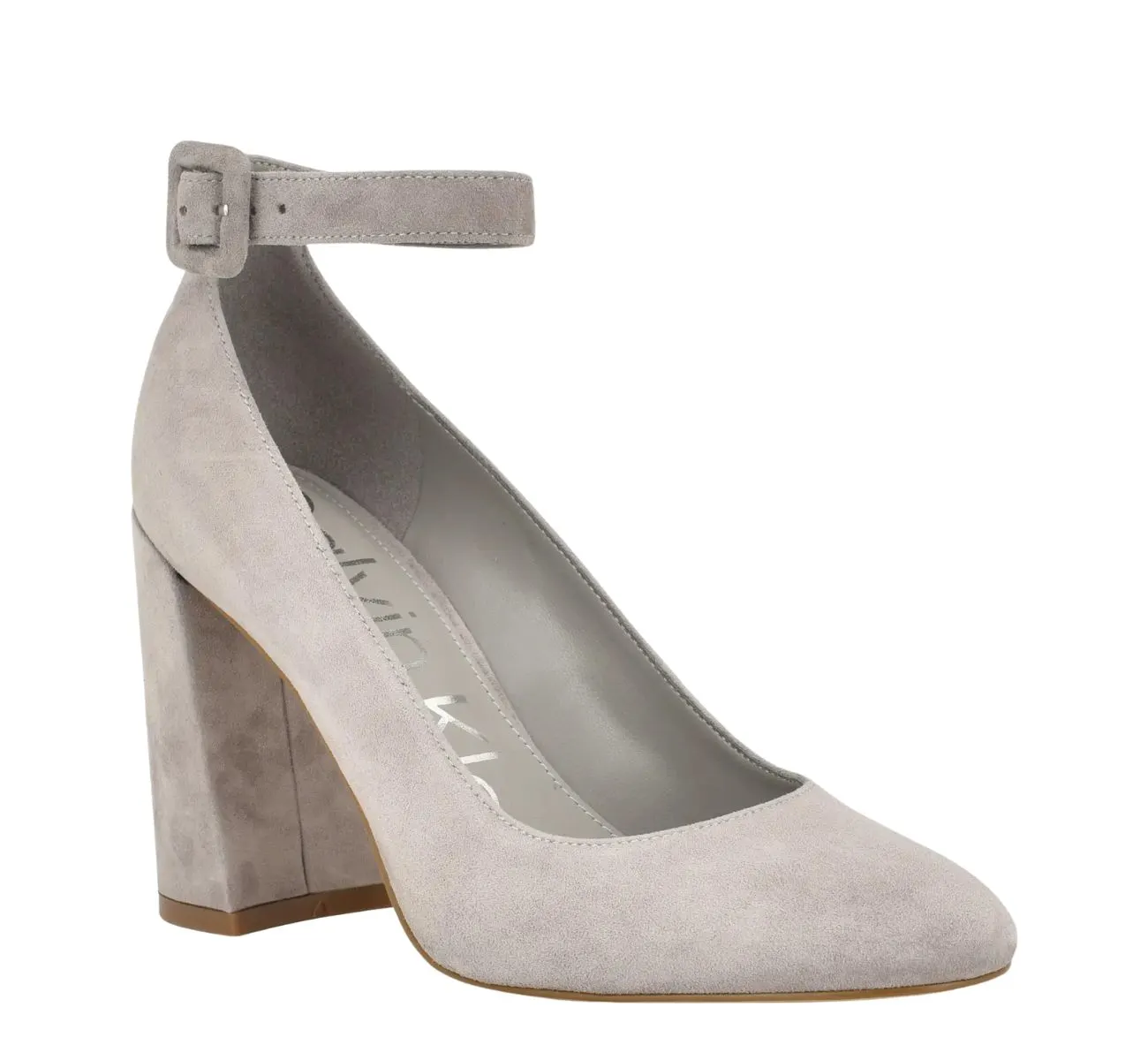 Grey suede pointed toe block heel with ankle strap on white background.