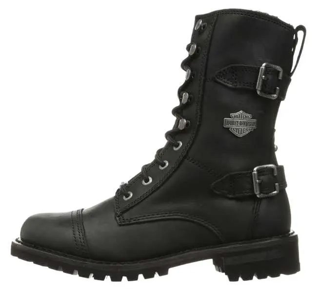 Black moto combat boot by harley davison for women on a white background.