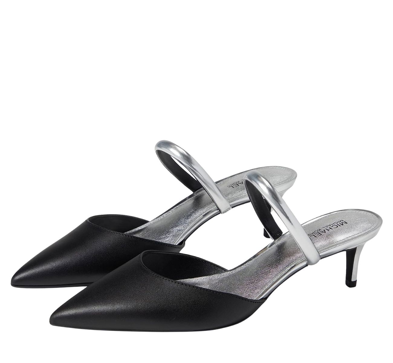 Black and silver pointed toe slip on kitten heels on white background.