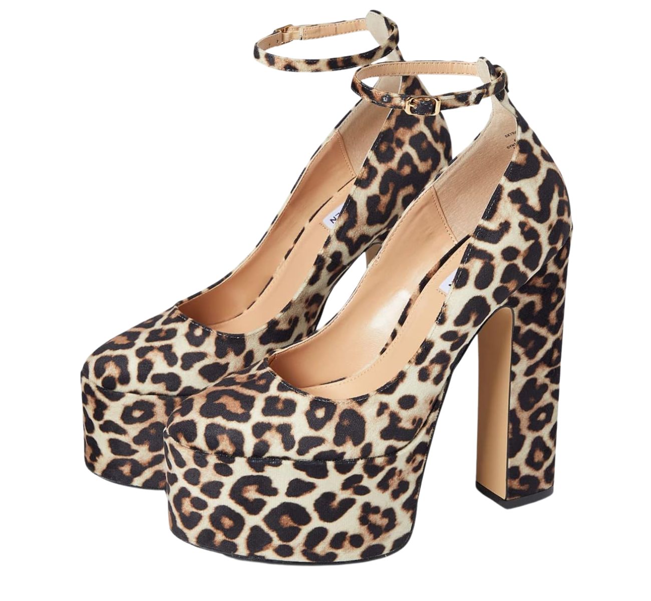 Brown leopard print round toe block heel platform pumps on white background.