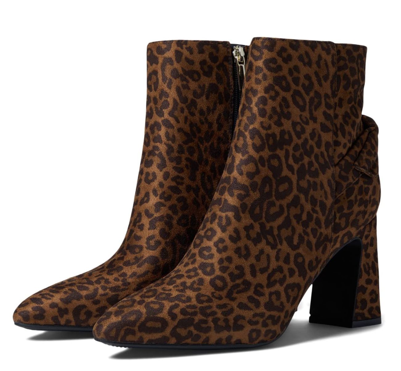 Brown leopard print pointed toe block heel boots on white background.