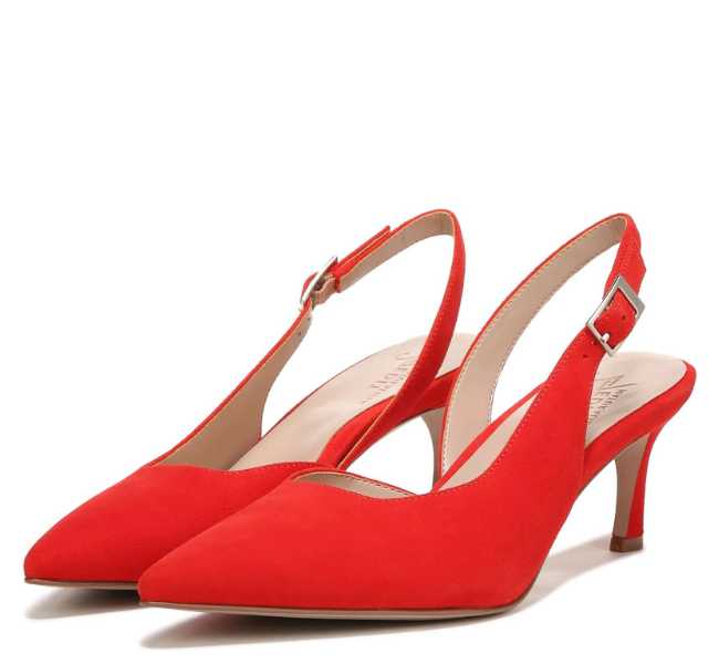 Red pointed toe open back with strap pump on white background.