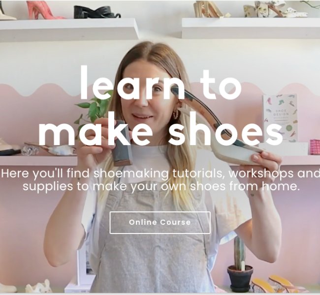 Text reading learn to make shoes over image of a woman holding shoes.