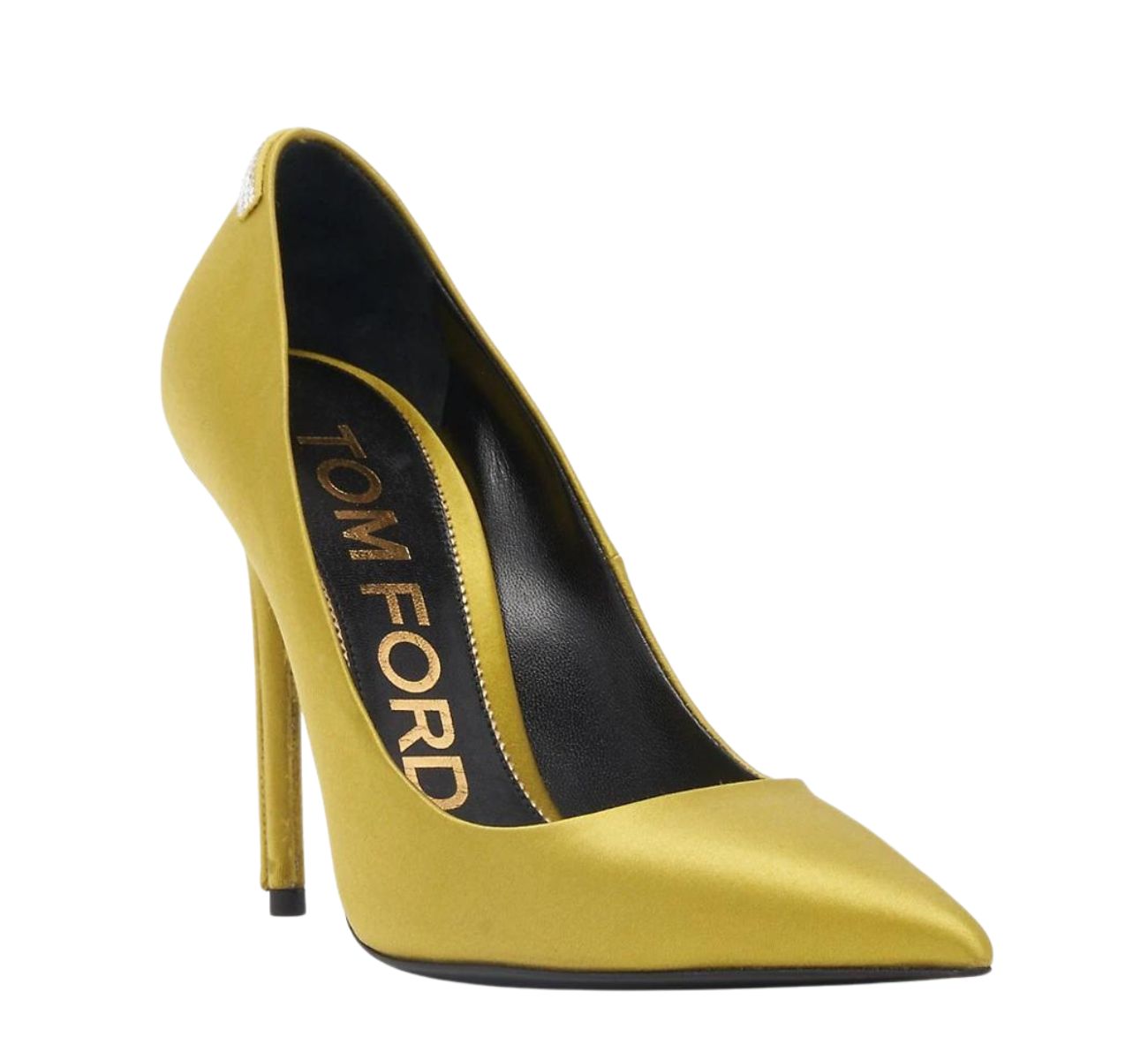 Yellow heeled pump on white background.