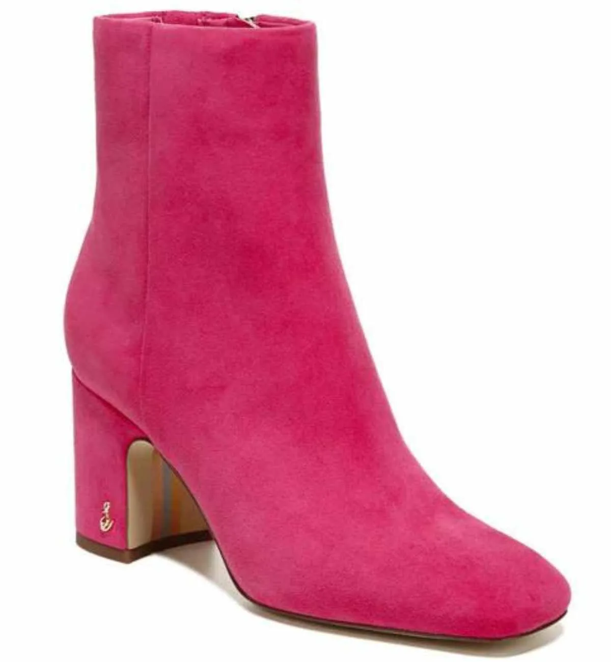 Hot Pink Barbie Core Fashion suede ankle Bootie on white background.