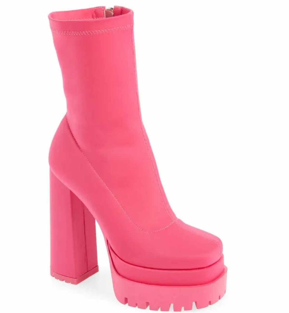 Hot Pink Barbie Core Fashion Platform Sock Bootie with tread sole on white background.
