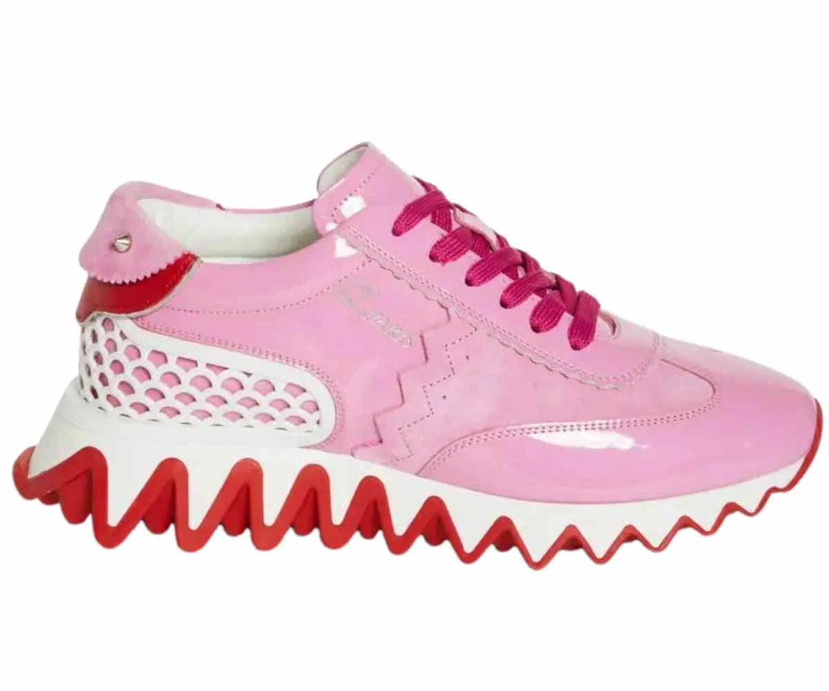 Pink and Red Louboutin Barbie Core Fashion Sneakers Shoe Trend on a white background.
