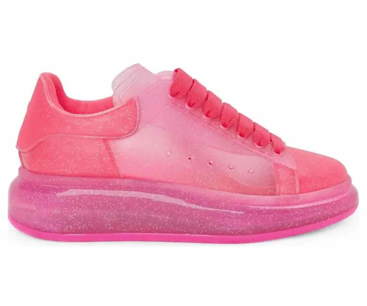 Hot Pink Alexander McQueen Barbie Core Fashion Sneakers Shoe Trend on a white background.