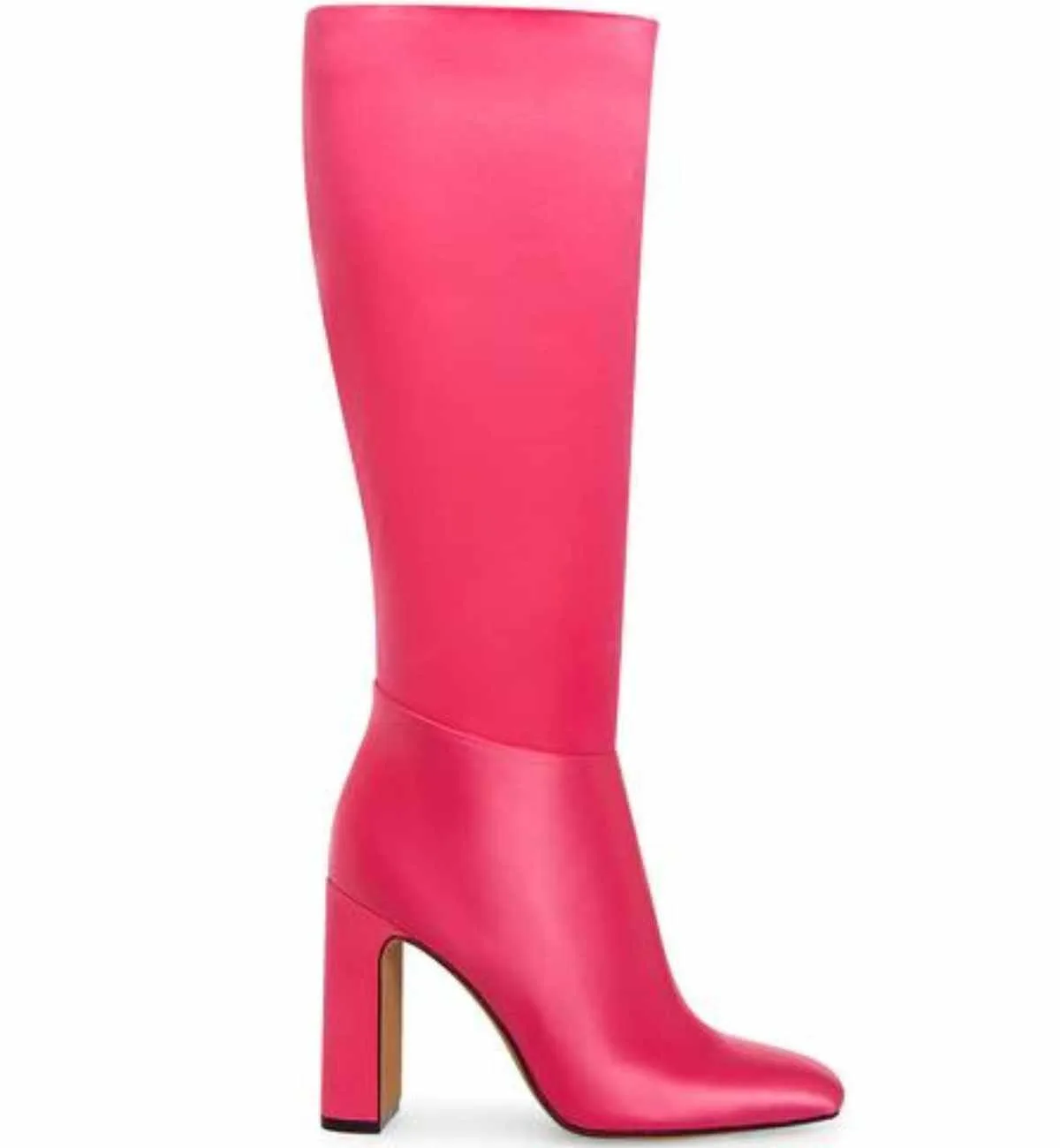 Hot pink satin Barbie core fashion boots with high heel on white background.