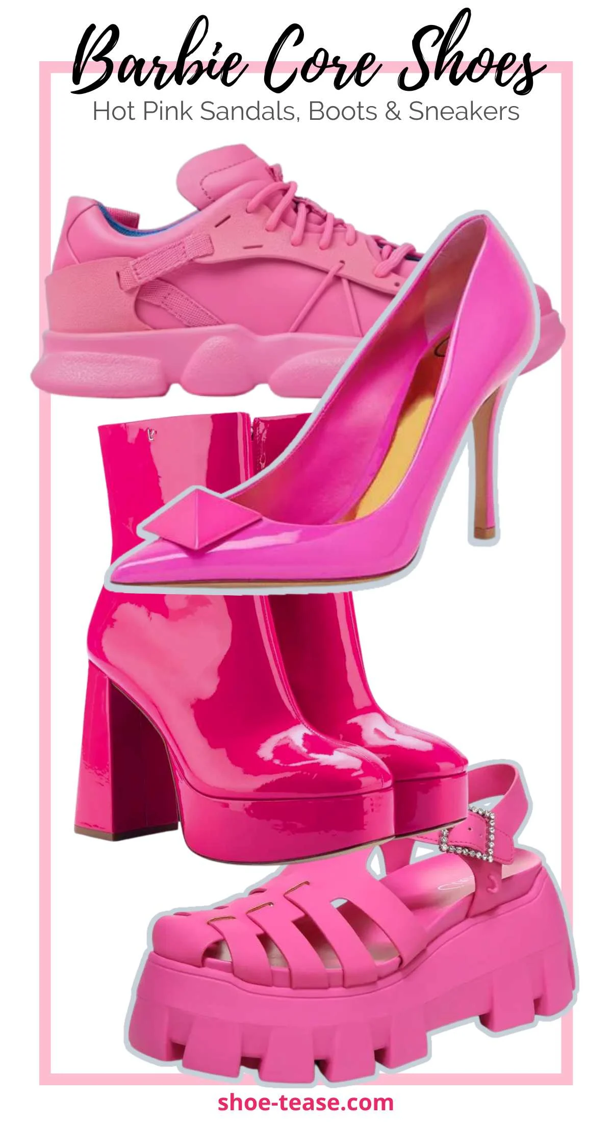 Collage of 4 hot pink women's shoes under text reading Barbie Core Shoes Hot Pink Sandals Boots & Sneakers.