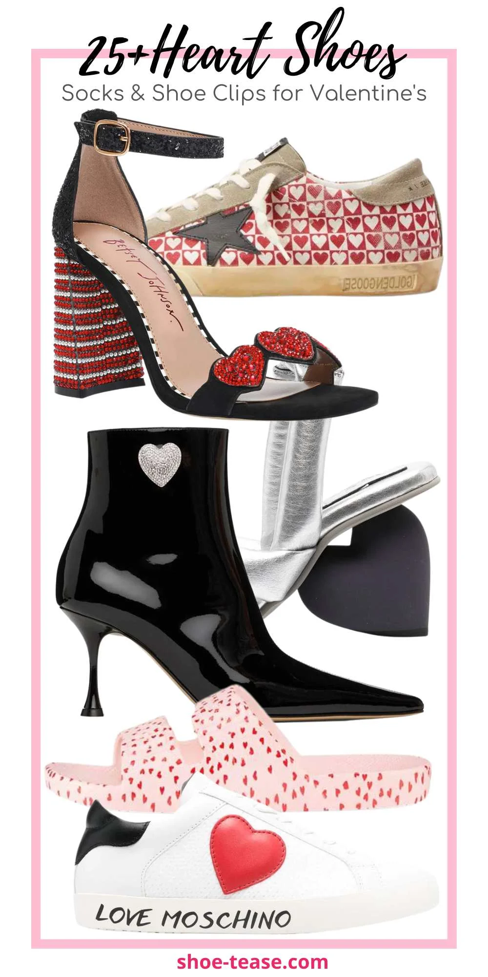 Collage of 6 heart shoes with text above reading 25+ heart shoes and socks and shoe clips for Valentine's.