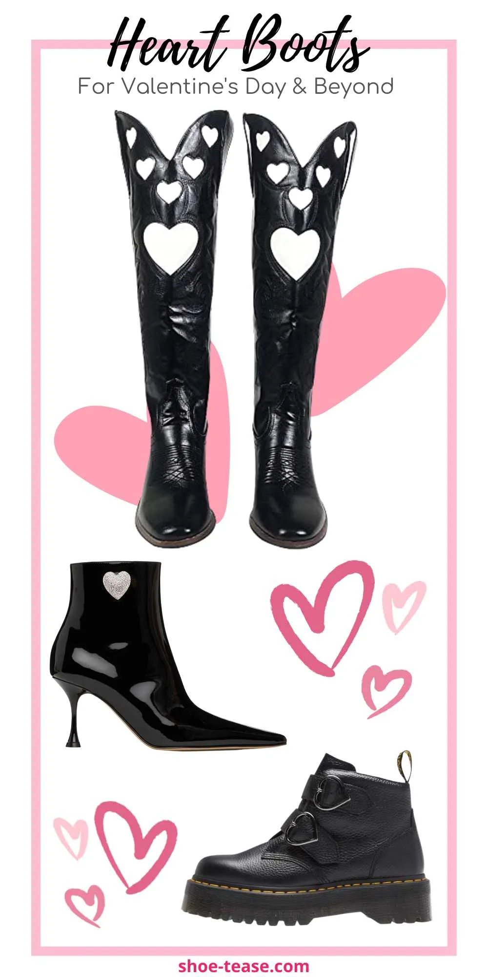 Collage of black heart boots with heart graphics.