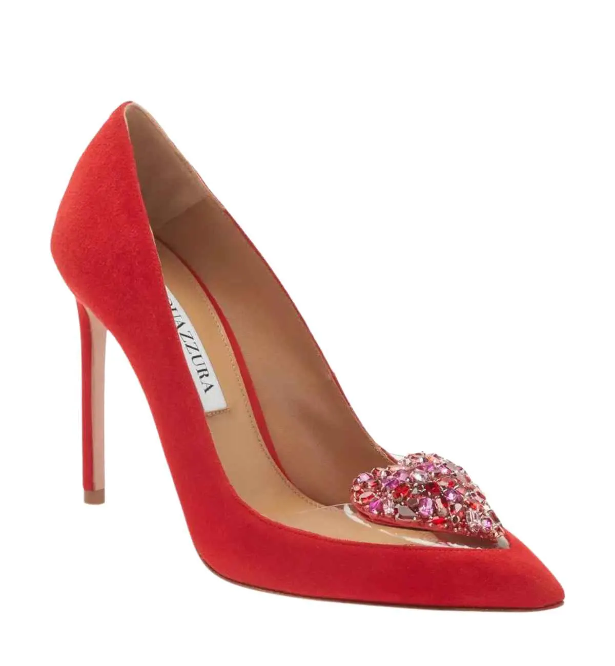 Red heart heel with heart shaped gem at the front on white background.