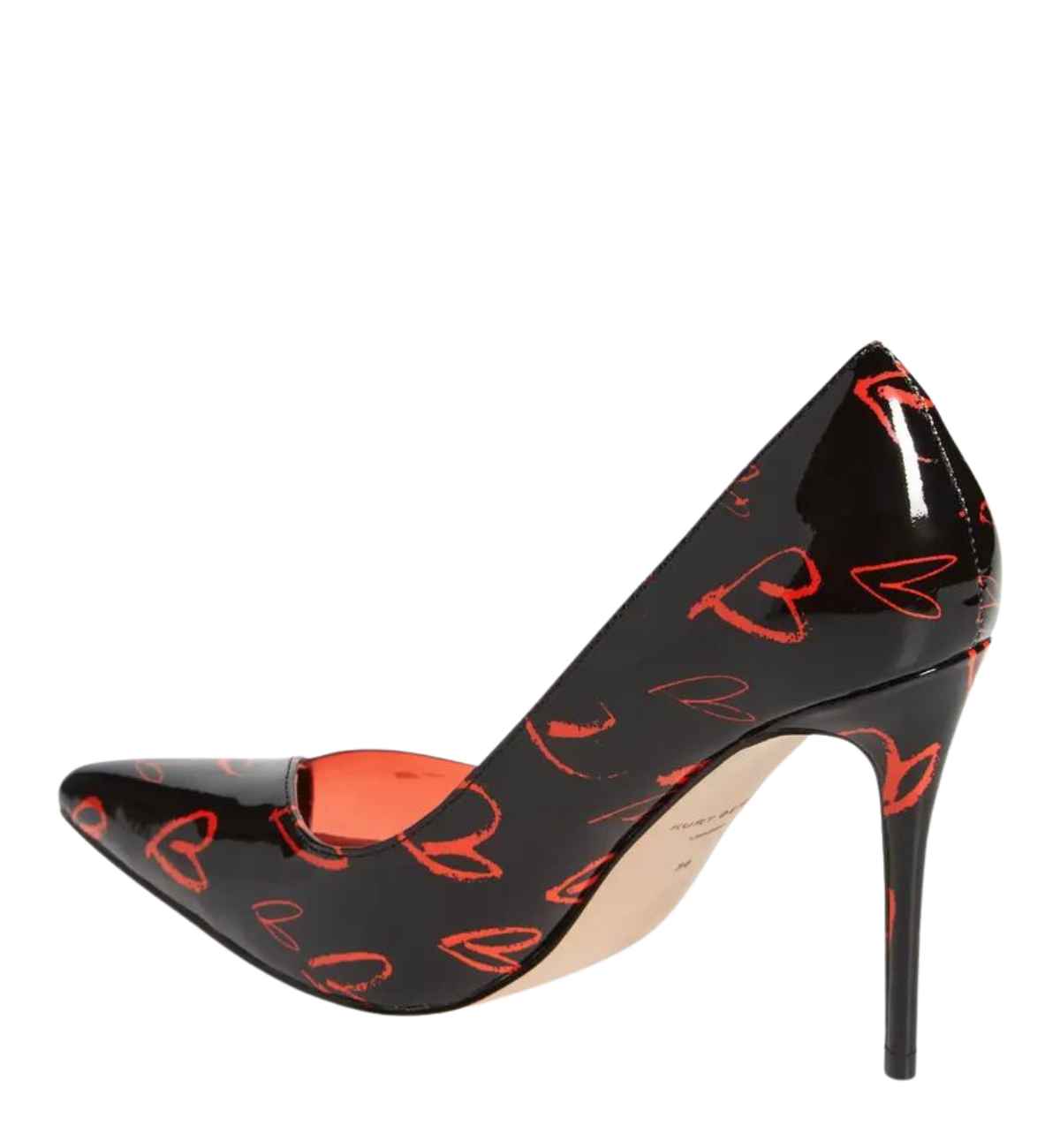 Black pointed toe heart heel with red heart pattern all over on white background.