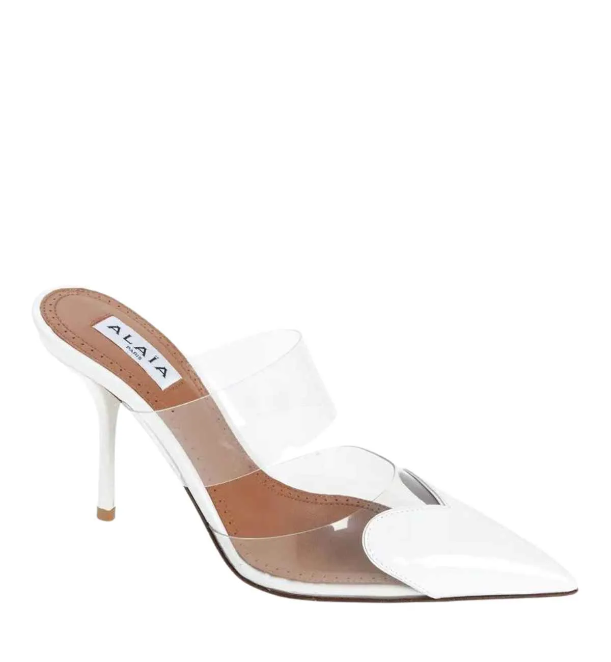 White pointed toe heart heel with clear band on white background.