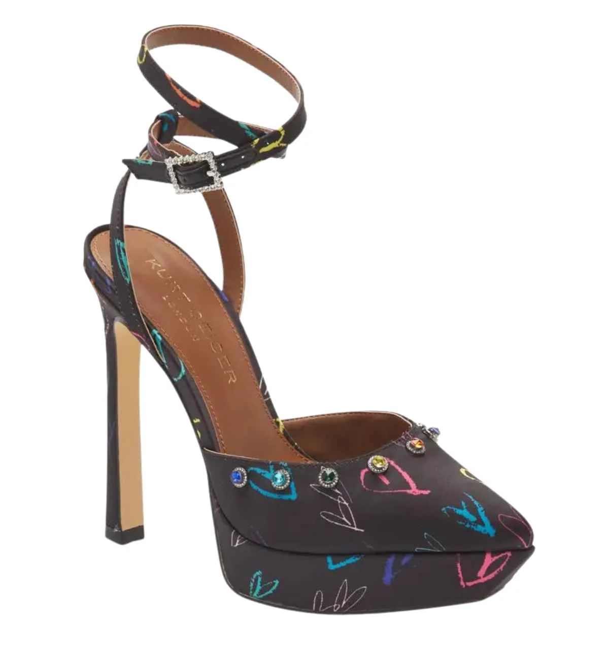 Strappy black heart heel with multicoloured heart pattern all over on white background.