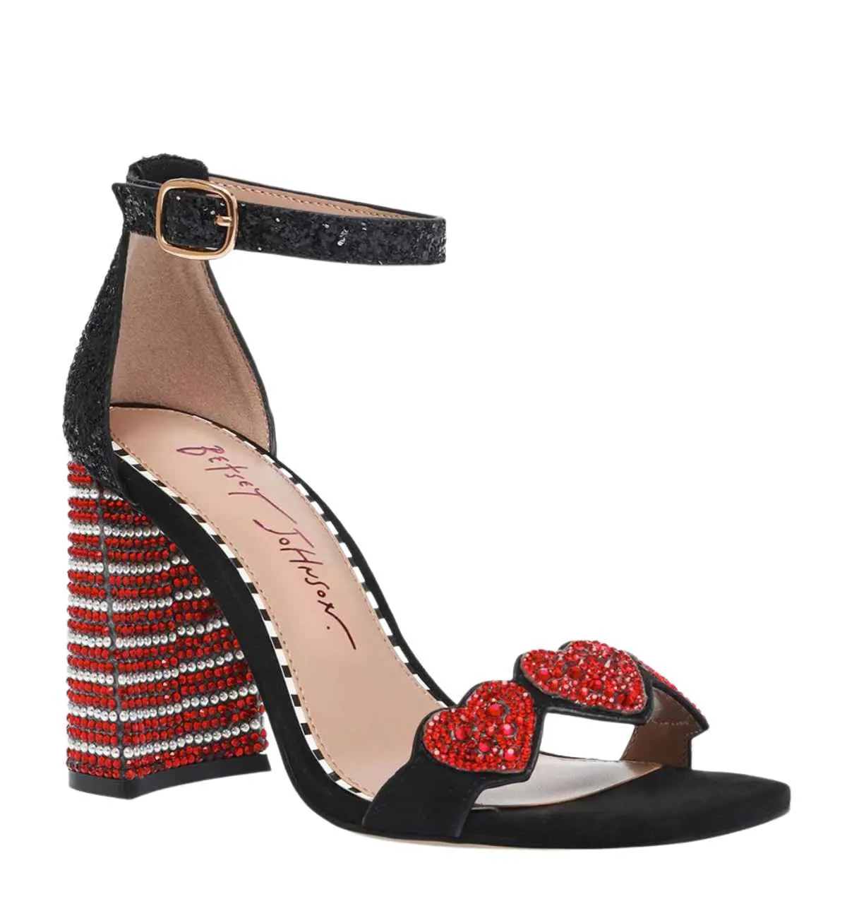Sparkly black heart heel with red and white gem embellishments on heel and band on white background.