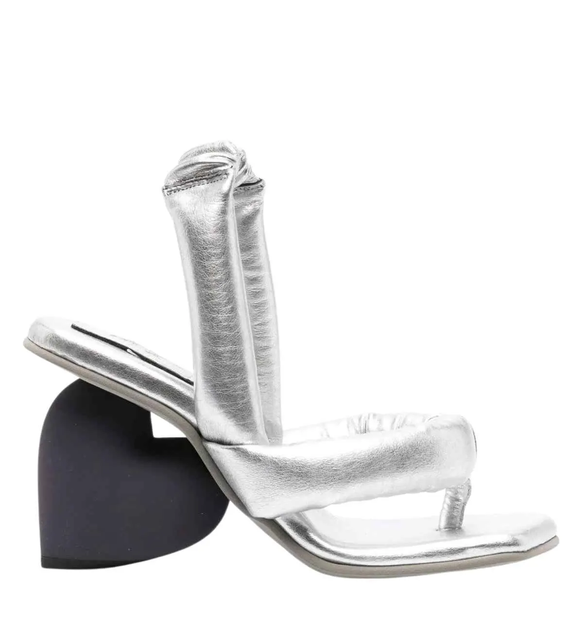 Metallic heart heel with black heart shaped heel on white background.