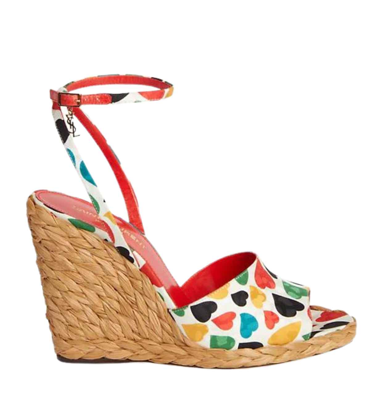Open toe wedge heart heel with multicoloured heart pattern all over on white background.