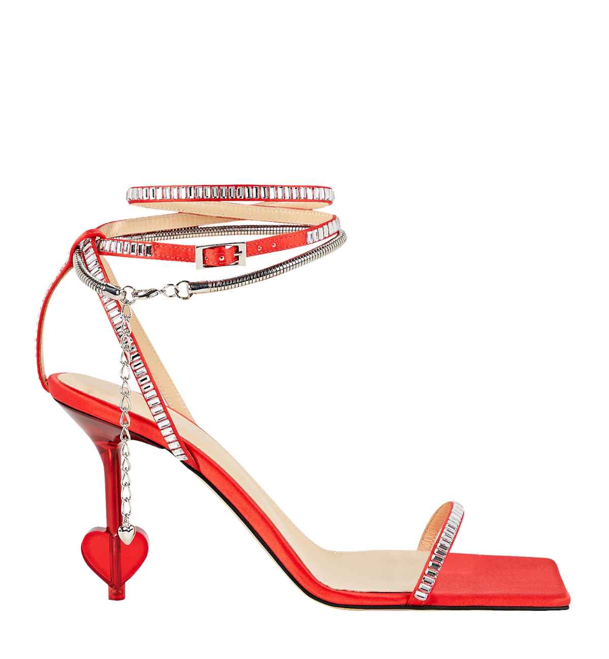 Red open square toe strappy heart heel on white background.