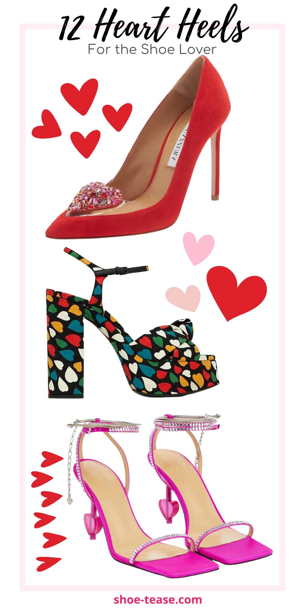 Collage of 3 heart heels with heart graphics.