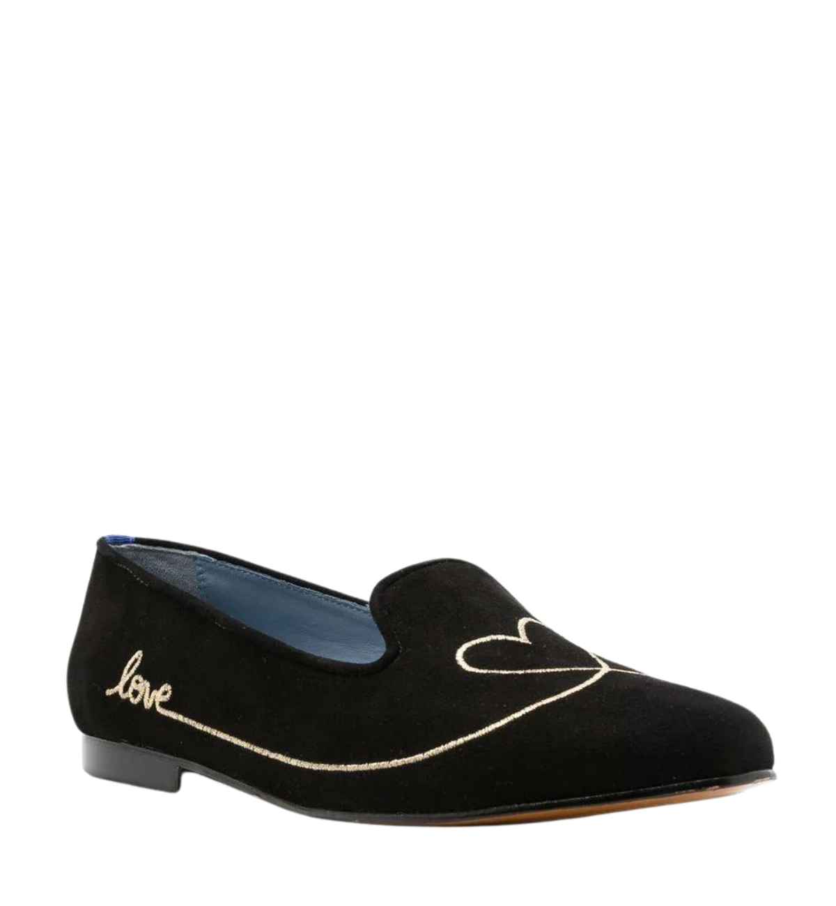 Black heart shoe in loafer style with herart embroidery at toe and love embroidery on the side on white background.
