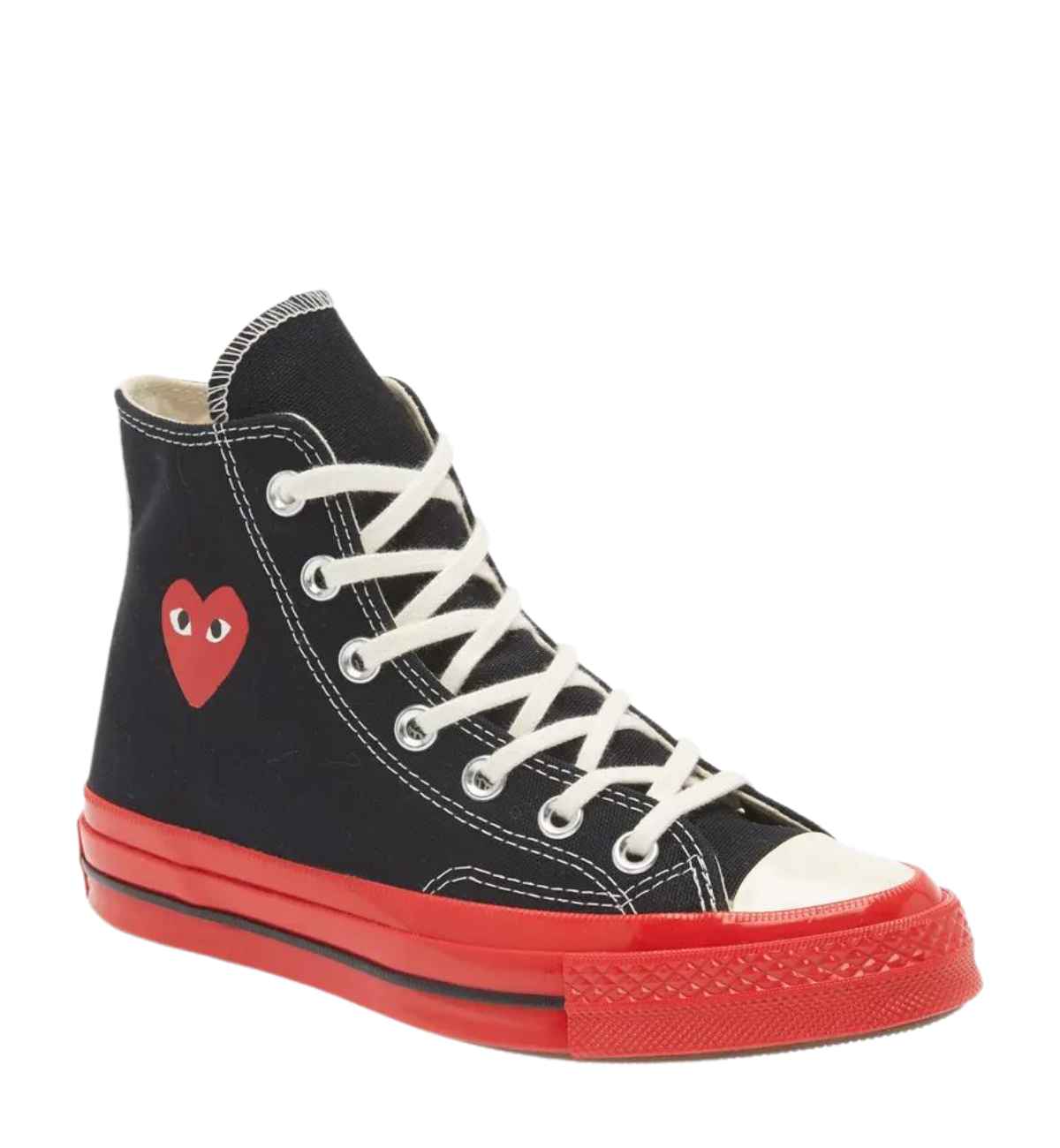 Black heart sneaker with red heart embroidery on the side with white laces on white background.