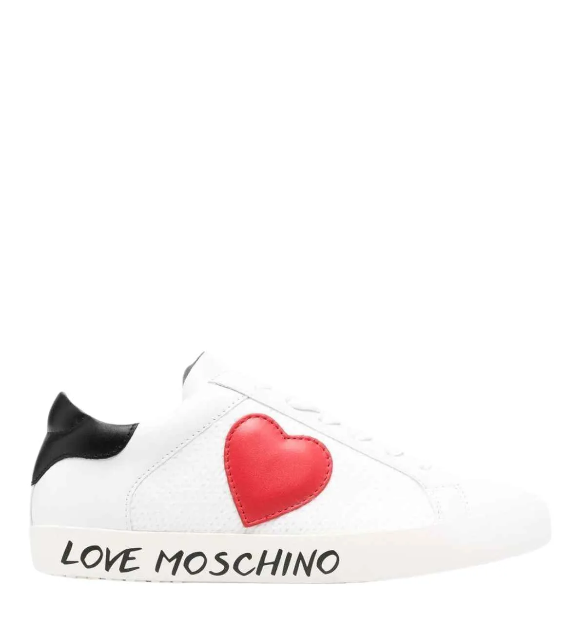 White heart sneaker with red heart embroidered on the side with text reading love Moschino print on the sole on white background.