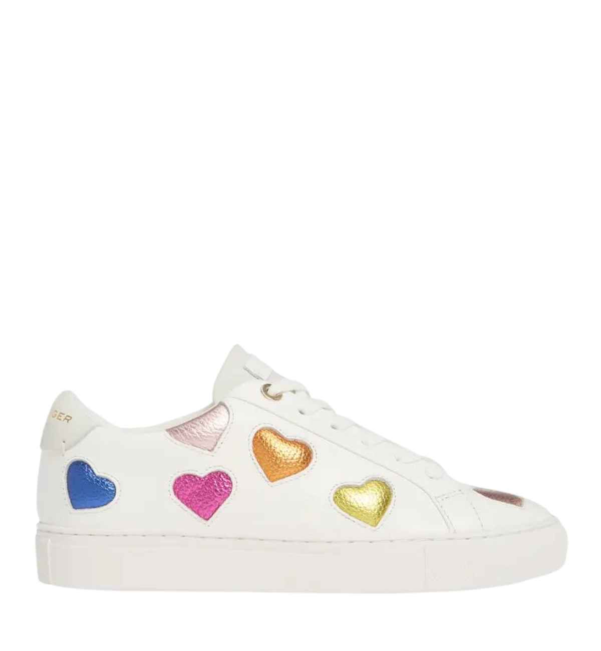 White heart sneaker with different coloured heart embroidery on the side on white background.