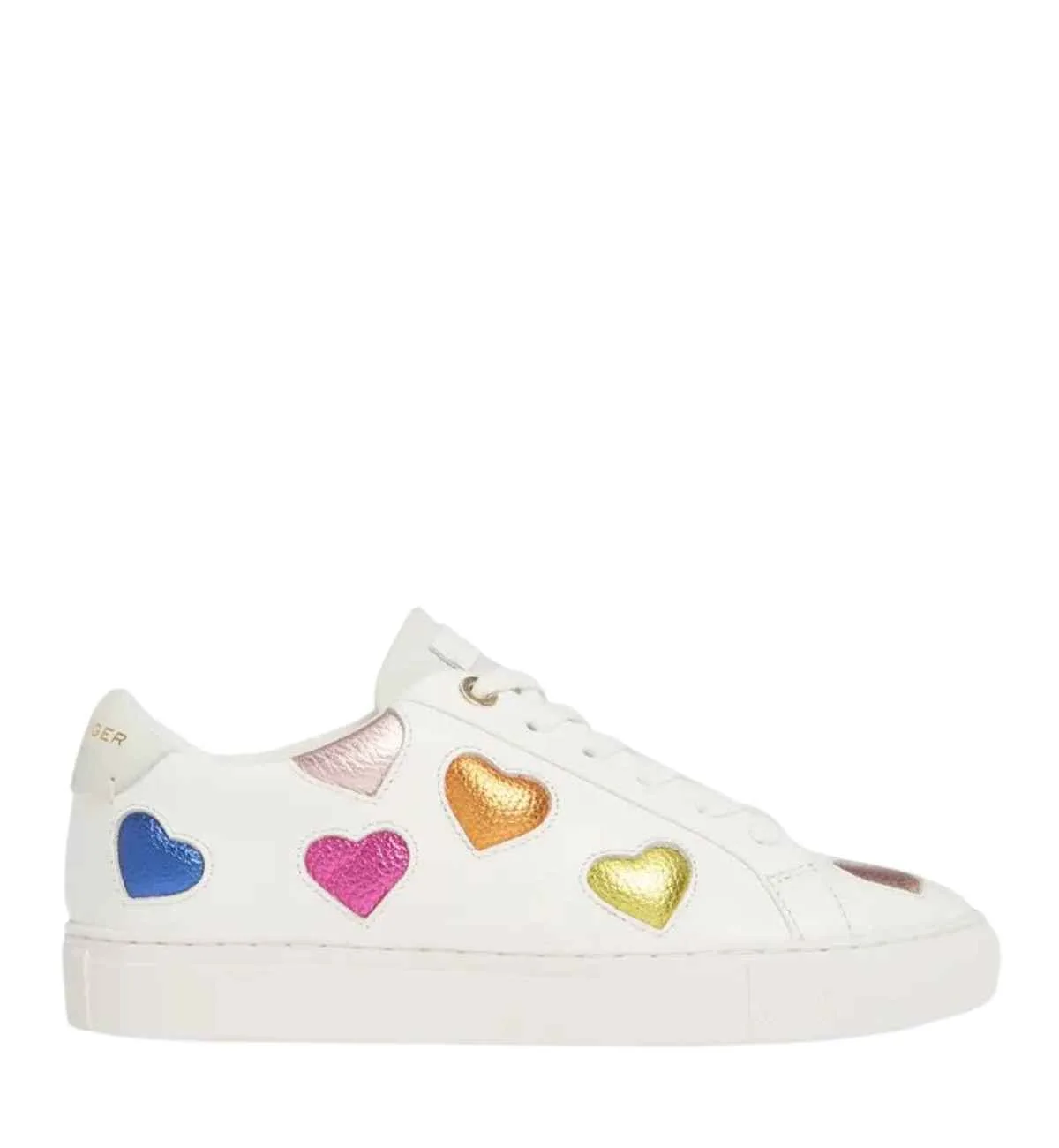 White heart sneaker with different coloured heart embroidery on the side on white background.