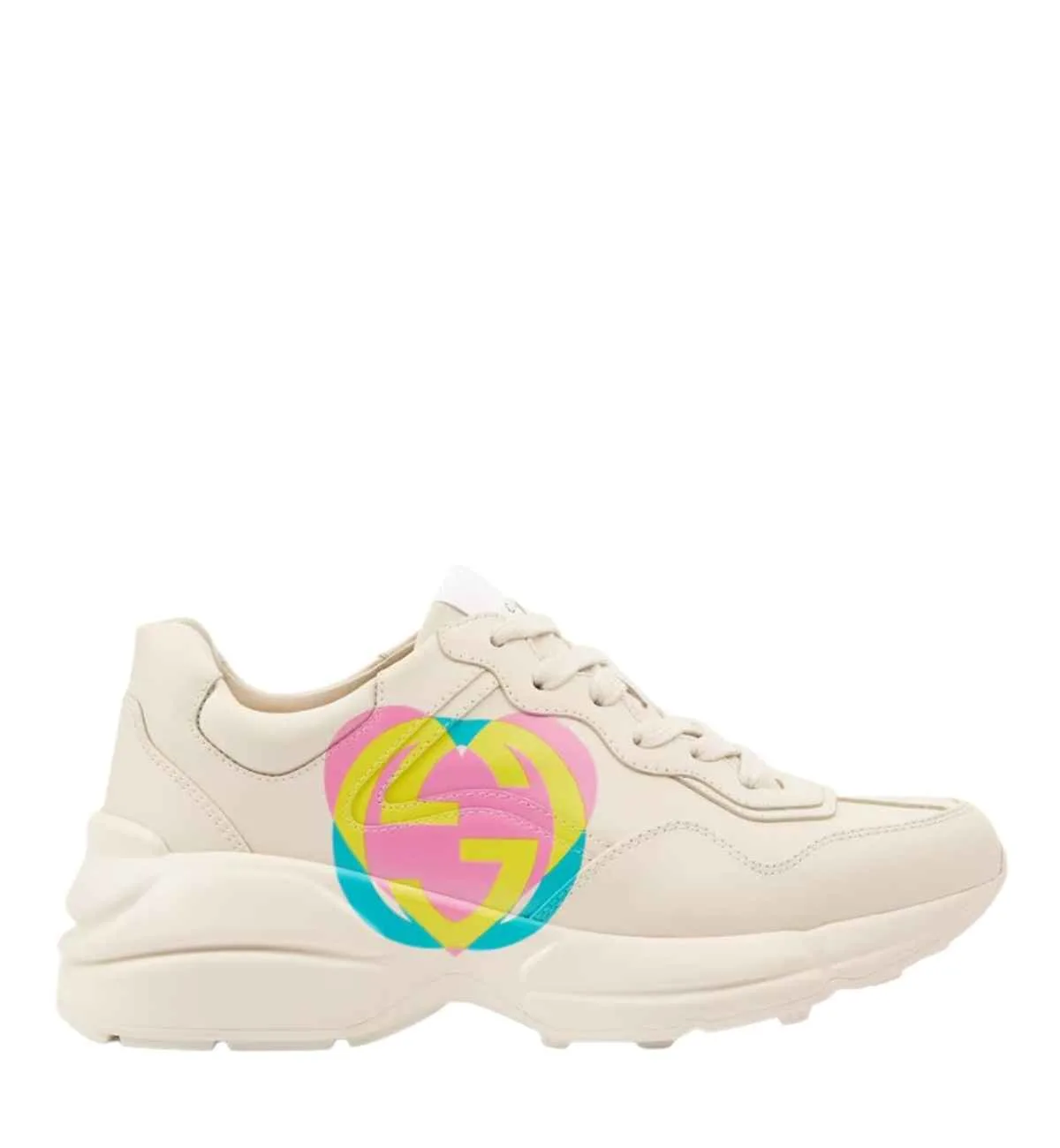 Off-white heart sneaker with pink yellow and blue heart shaped embroidery on the side on white background.