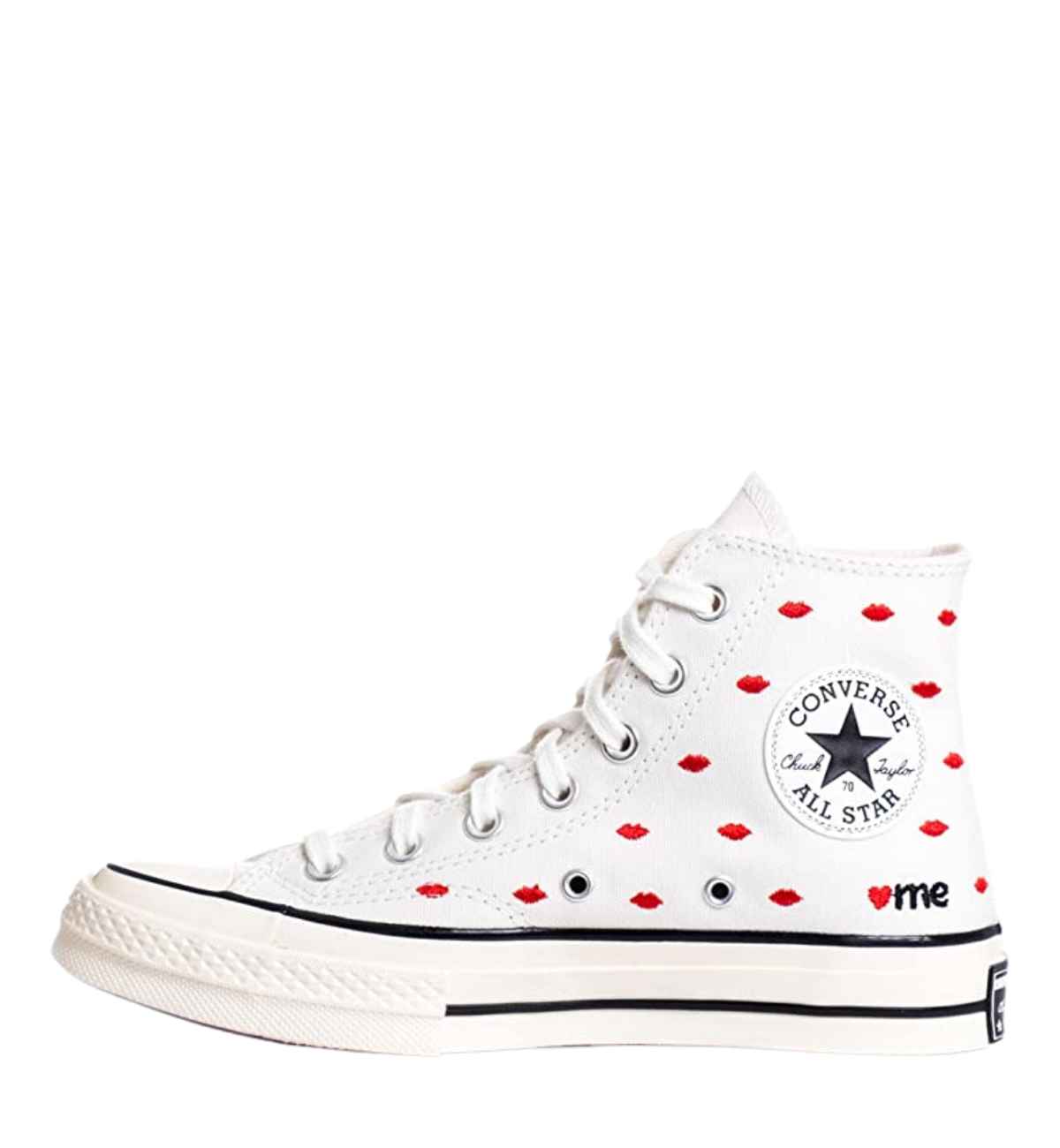 White high-top heart sneaker with red lip pattern all over with white laces on white background.