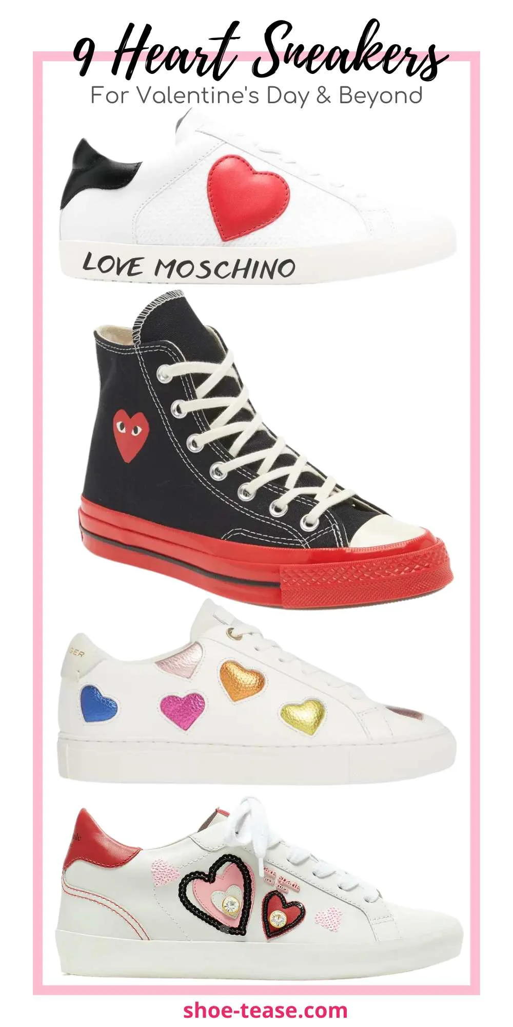 Collage of 4 heart sneakers with text above reading 25+ 9 heart sneakers for Valentine's day and beyond.
